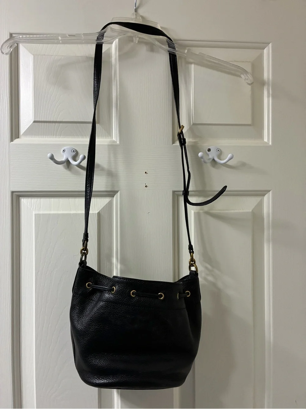 Coach Black Leather Drawstring Crossbody Bucket Bag with Gold Hardware